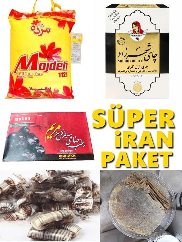 Süper İran Ürünleri tek Paket - İran Pirinci, İran Çayı, İran Hurması, İran Şekeri ve İran Balı